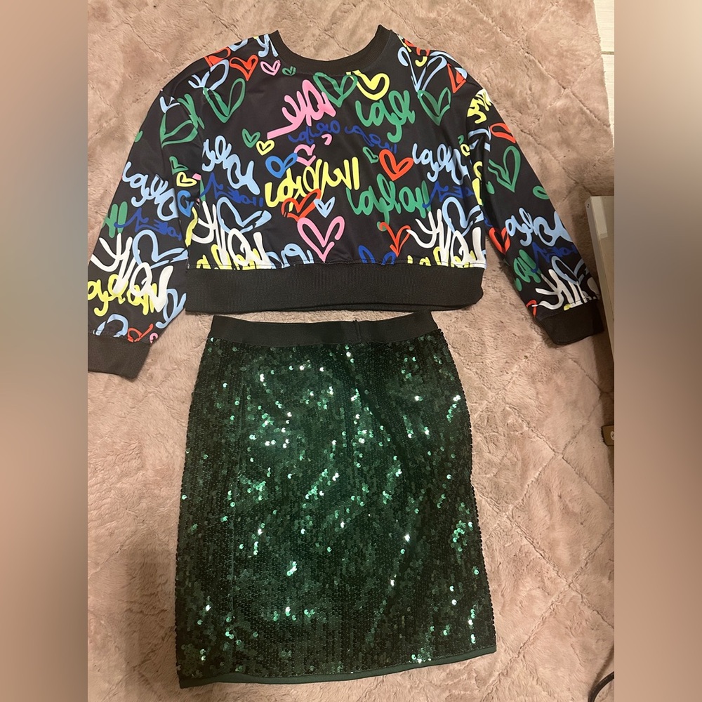 Colorful Graphic Sweatshirt and Green Sequin Skirt